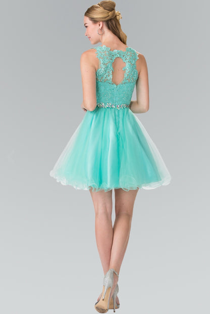 Lace Illusion Top A-line Short Dress with Beaded Waist. GS2375 by Elizabeth K