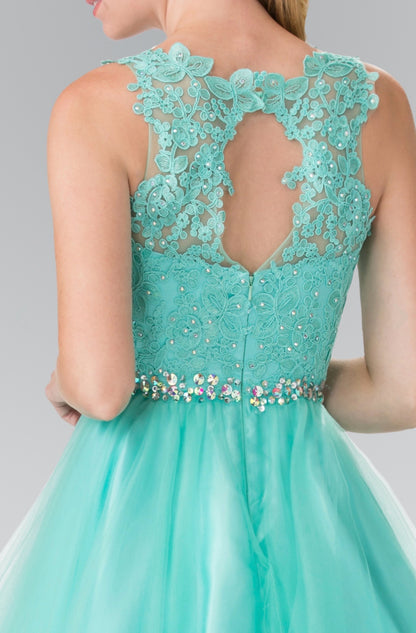 Lace Illusion Top A-line Short Dress with Beaded Waist. GS2375 by Elizabeth K