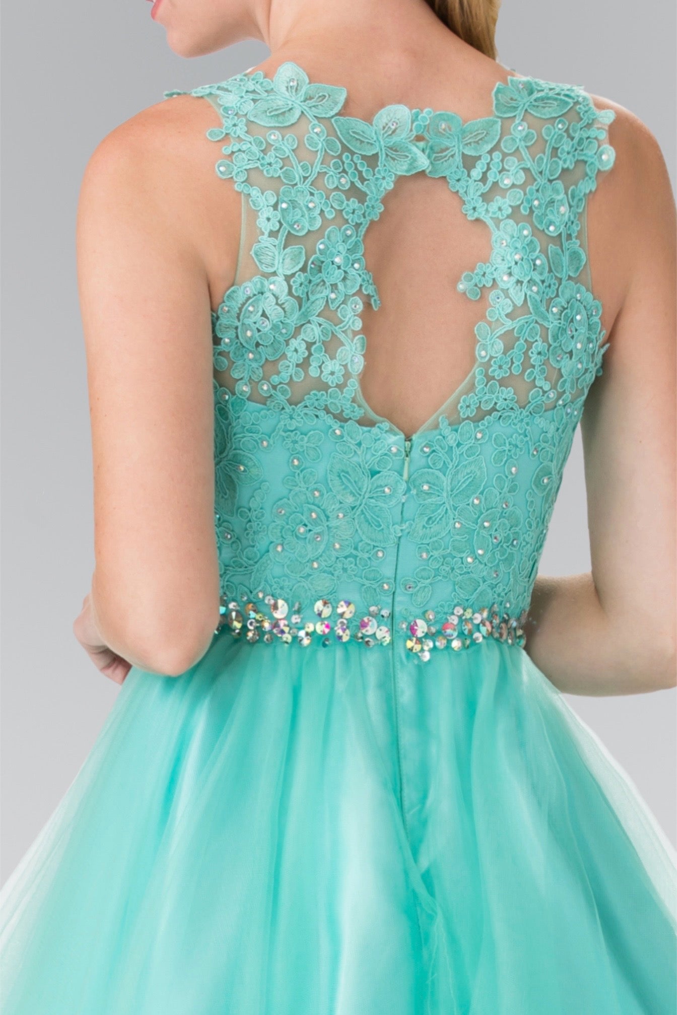 Lace Illusion Top A-line Short Dress with Beaded Waist. GS2375 by Elizabeth K