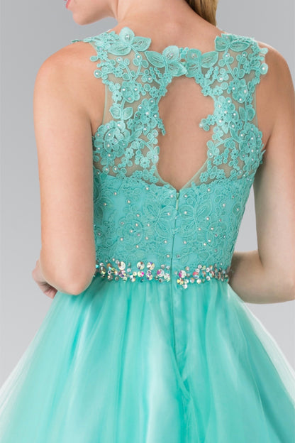 Lace Illusion Top A-line Short Dress with Beaded Waist. GS2375 by Elizabeth K