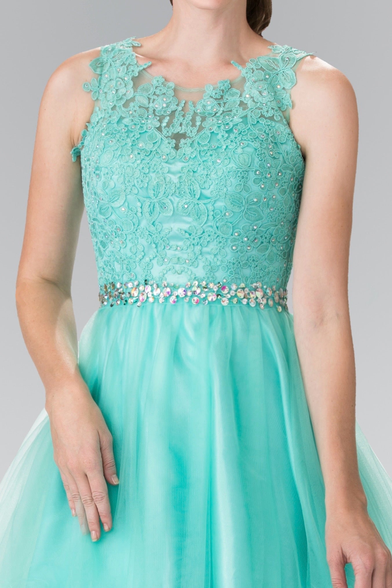 Lace Illusion Top A-line Short Dress with Beaded Waist. GS2375 by Elizabeth K