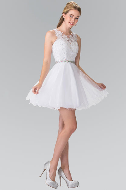 Lace Illusion Top A-line Short Dress with Beaded Waist. GS2375 by Elizabeth K