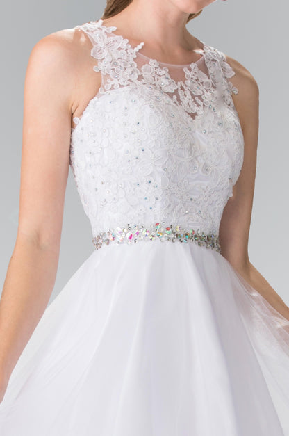 Lace Illusion Top A-line Short Dress with Beaded Waist. GS2375 by Elizabeth K