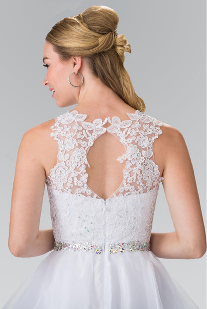 Lace Illusion Top A-line Short Dress with Beaded Waist. GS2375 by Elizabeth K