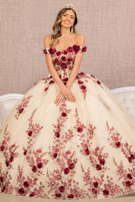 3D Flower Quinceañera Gown off shoulder by Elizabeth K GL3105 (GLS Collective)