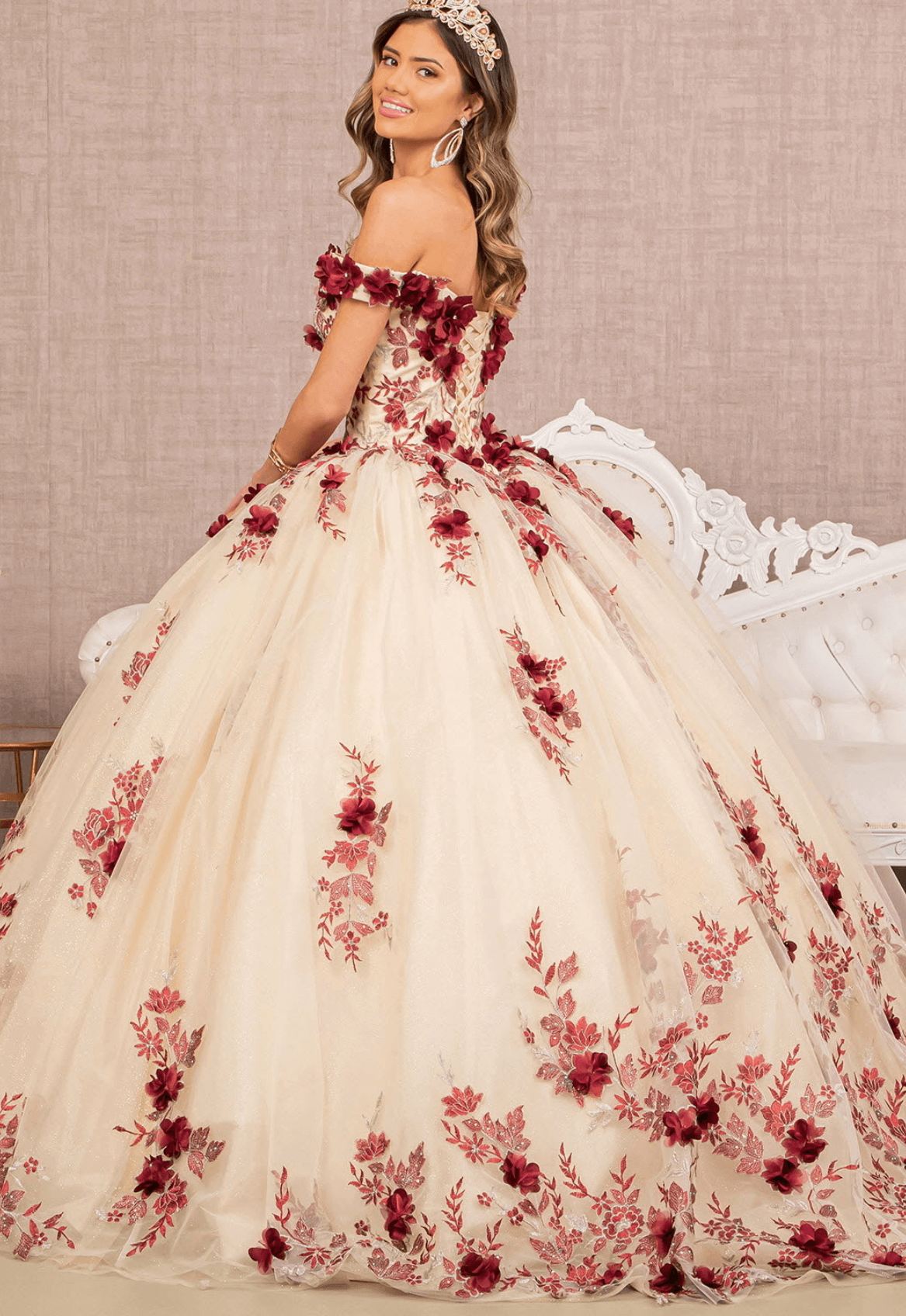 3D Flower Quinceañera Gown off shoulder by Elizabeth K GL3105 (GLS Collective)