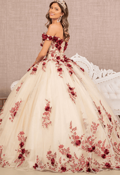 3D Flower Quinceañera Gown off shoulder by Elizabeth K GL3105 (GLS Collective)