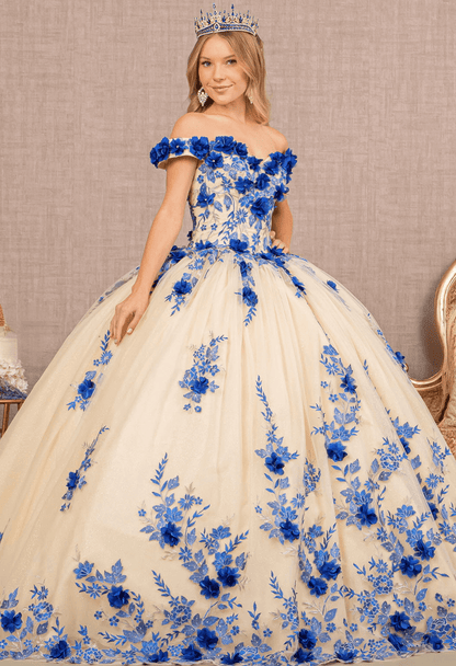 3D Flower Quinceañera Gown off shoulder by Elizabeth K GL3105 (GLS Collective)