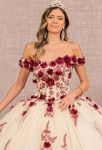 3D Flower Quinceañera Gown off shoulder by Elizabeth K GL3105 (GLS Collective)