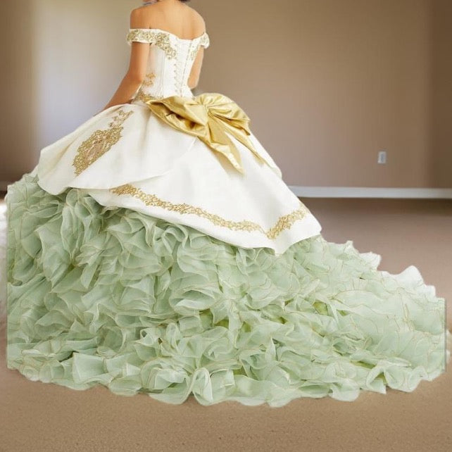 Sparkle Quinceanera Dress with Bow Gowns Bodice, Adorned with the Floral Applique by Zandy's Boutique ZBQ1