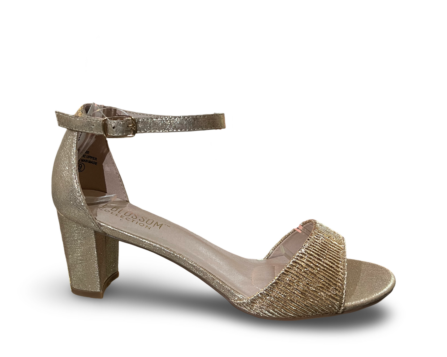 Champagne 2.5-inch heel, adjustable ankle strap, and shimmer gold detail. OLIE-20 BY DE BLOSSOM