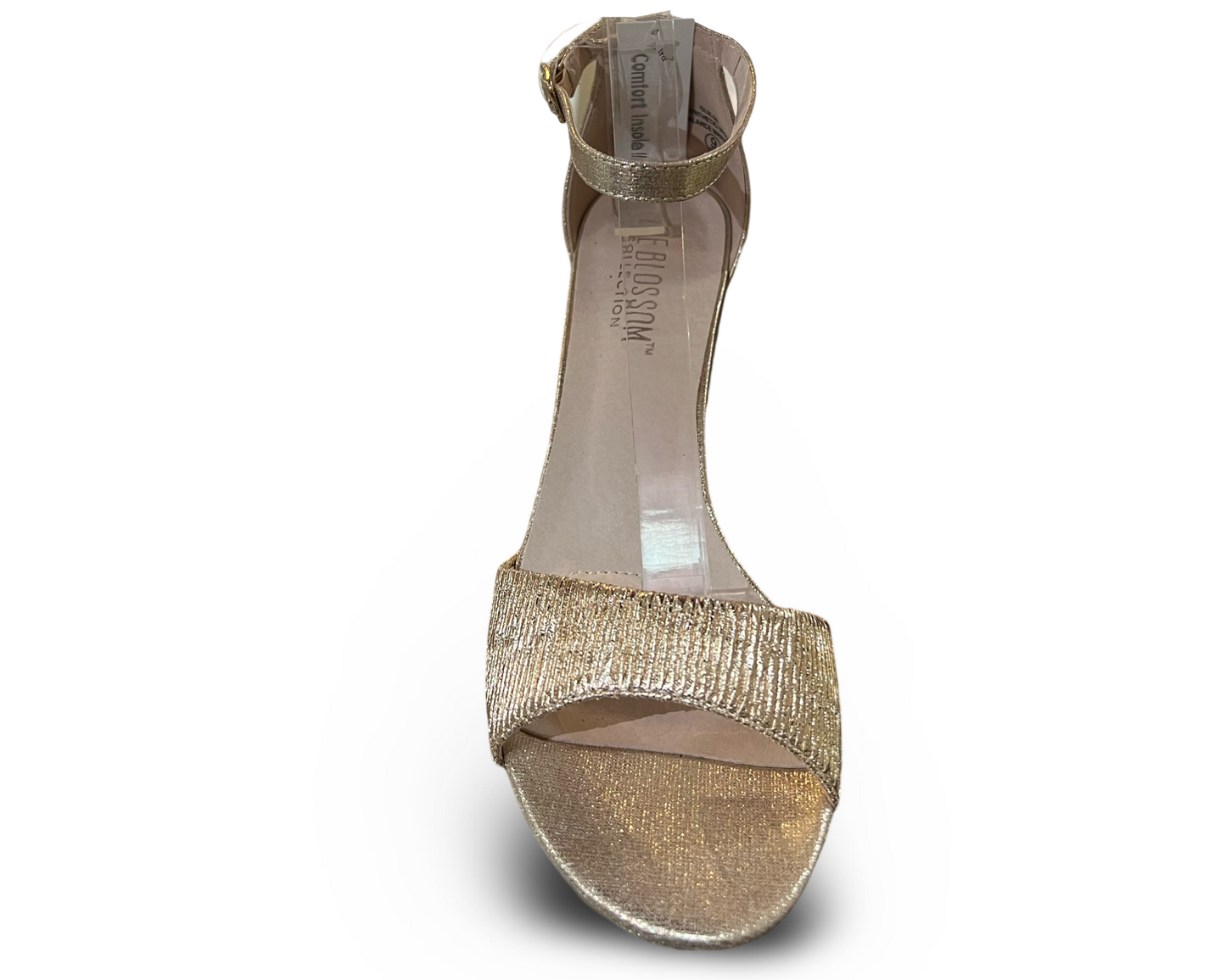 Champagne 2.5-inch heel, adjustable ankle strap, and shimmer gold detail. OLIE-20 BY DE BLOSSOM