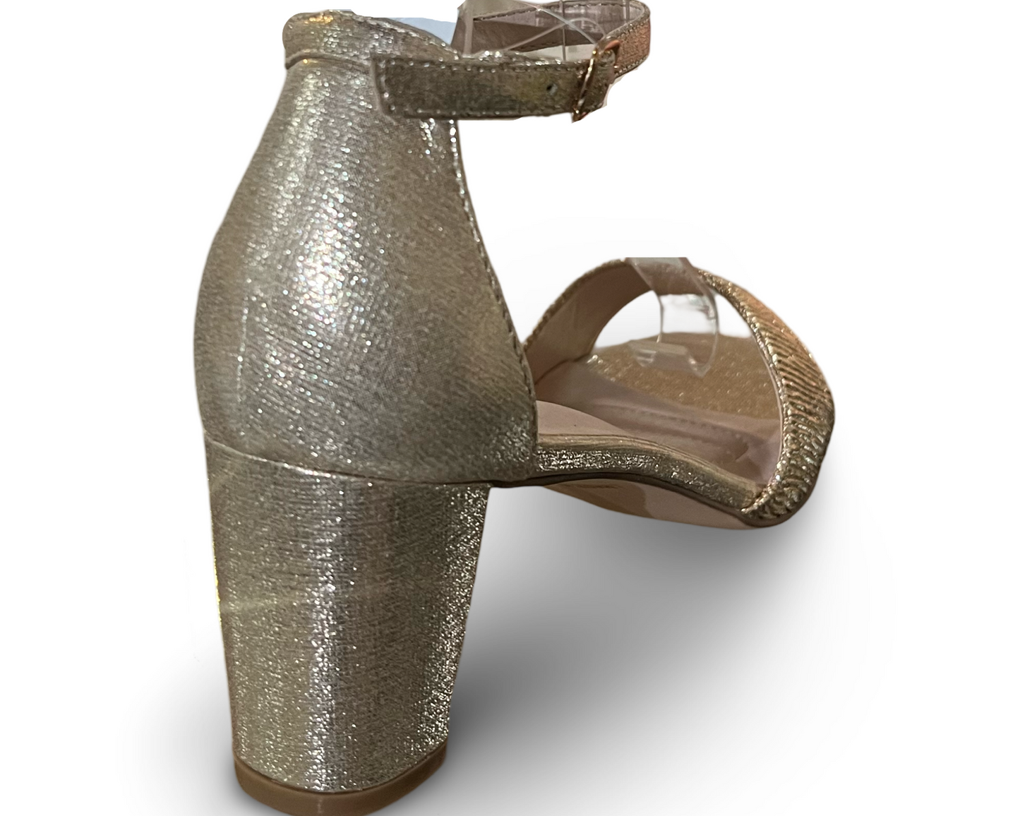 Champagne 2.5-inch heel, adjustable ankle strap, and shimmer gold detail. OLIE-20 BY DE BLOSSOM