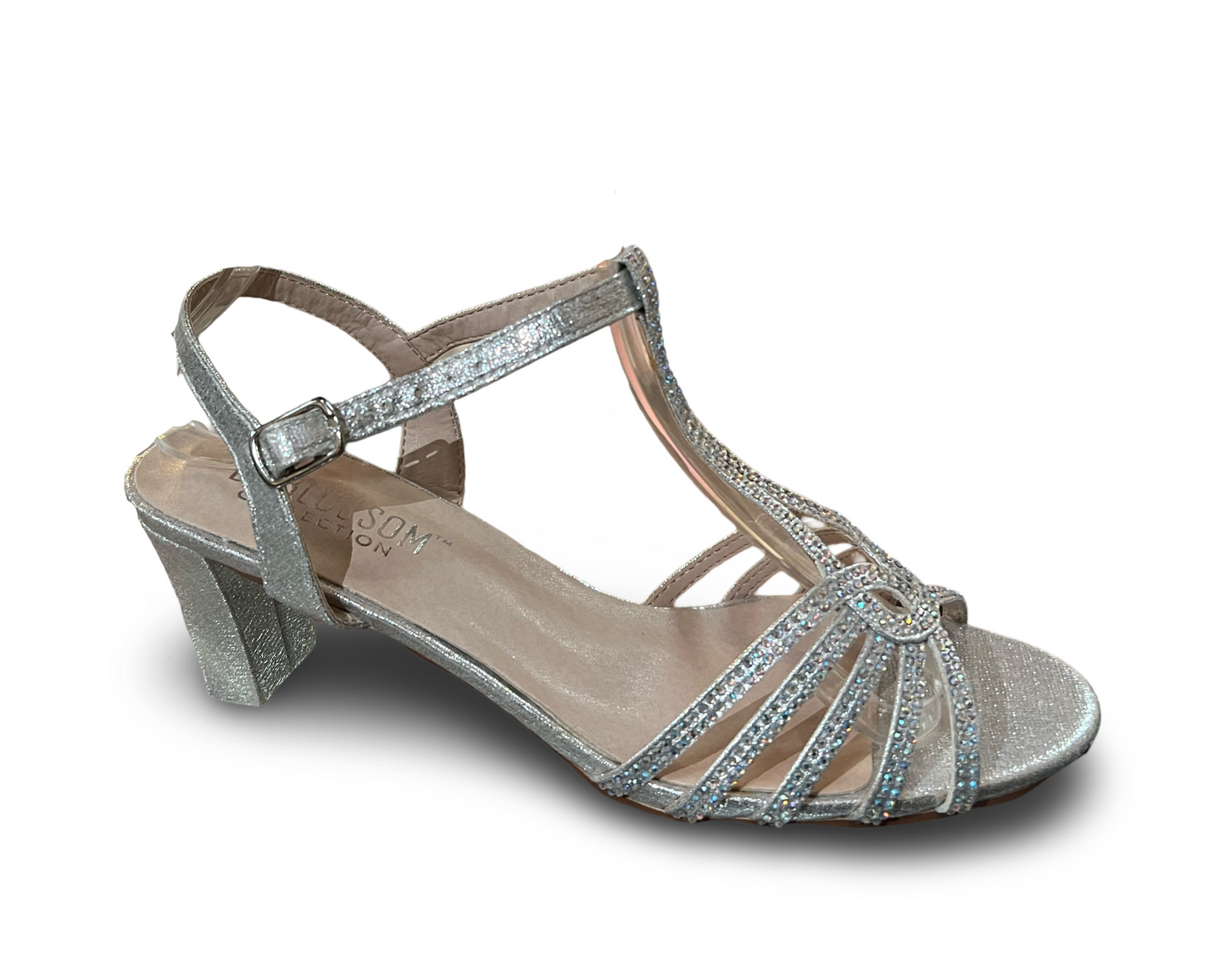 Silver 2.5-inch low-heeled sandal, sparkle coated with rhinestones. CARLA-25 BY DE BLOSSOM