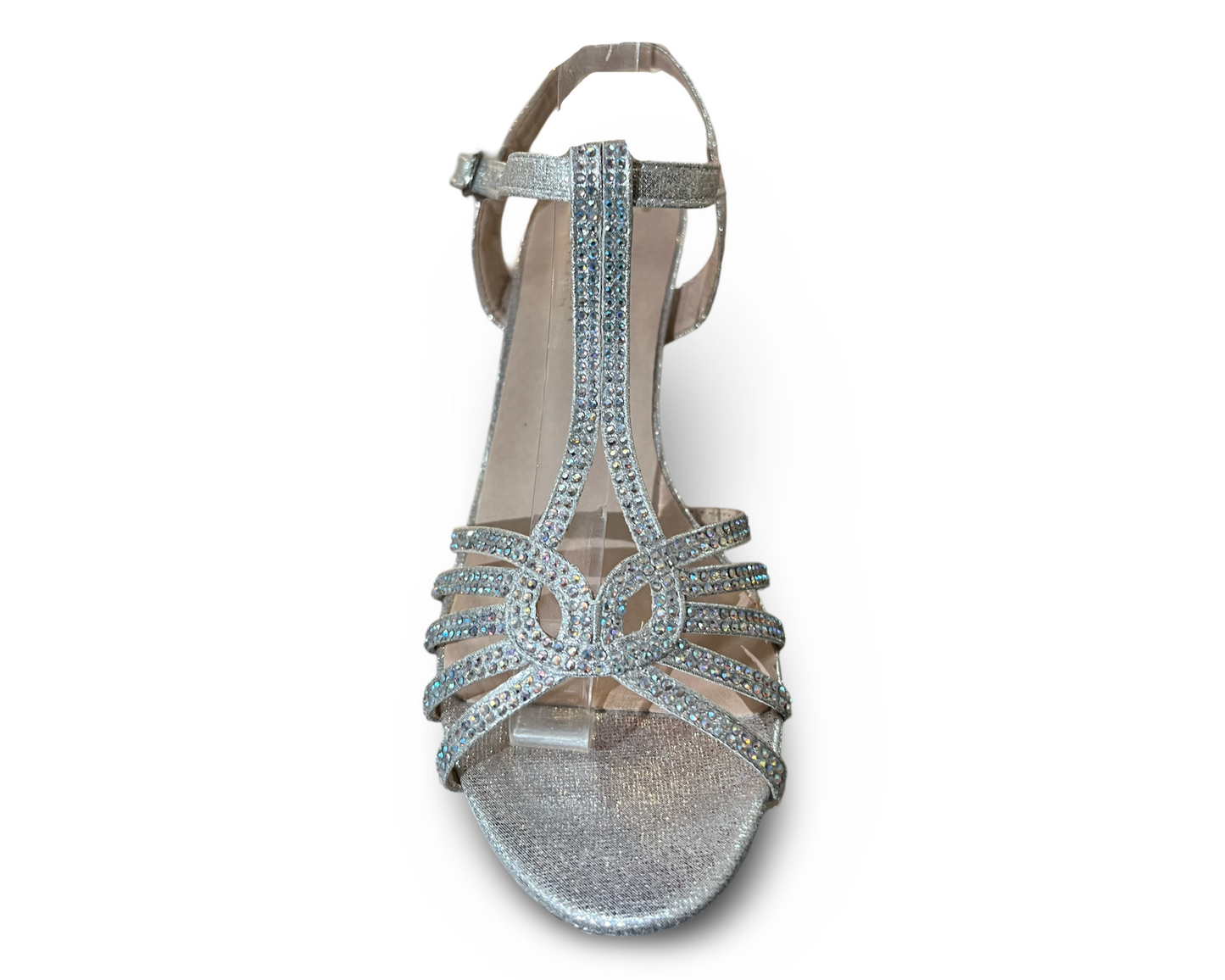 Silver 2.5-inch low-heeled sandal, sparkle coated with rhinestones. CARLA-25 BY DE BLOSSOM