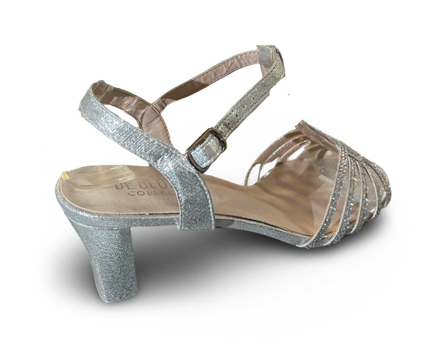 Silver 2.5-inch low-heeled sandal, sparkle coated with rhinestones. CARLA-25 BY DE BLOSSOM