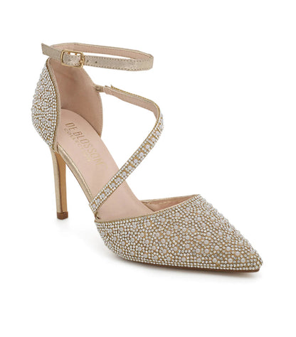 Nude 3.5" ankle strap pointed toe Heel. Rhinestone and Pearl. REESE-5 BY DE BLOSSOM