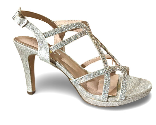 Shimmery 3.5 inch heels. Mid-stiletto, adjustable buckle straps. TAYLOR-15 BY DE BLOSSOM.