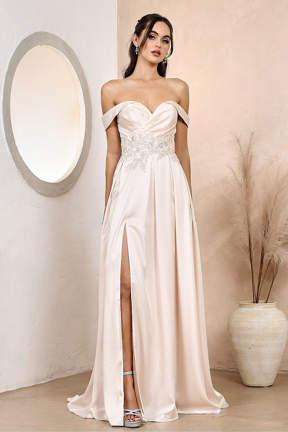 Beautiful Dress Sophisticated A-Line, Off Shoulder Gown, Beaded, Satin, 3200 by ADORA DESIGN