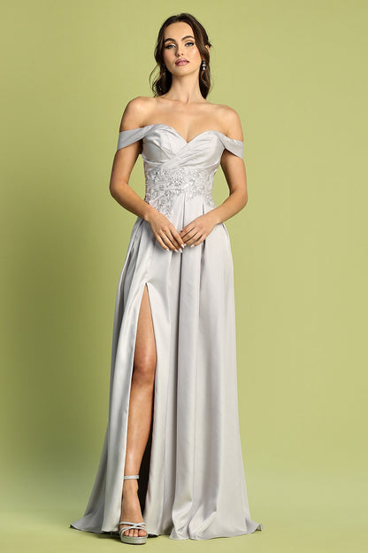 Beautiful Dress Sophisticated A-Line, Off Shoulder Gown, Beaded, Satin, 3200 by ADORA DESIGN