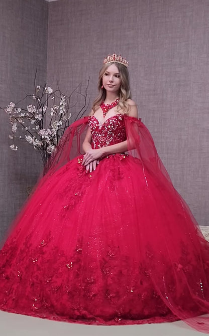 3D Butterfly Applique Glitter Quinceanera Gown w/ Long Mesh Layer by Elizabeth K GL3110 (GLS COLLECTIVE)