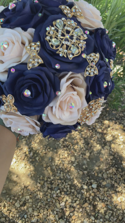 Navy and Champagne with Gold Brooches Bouquet. NYCH018 by MARINA’S CRAFT.