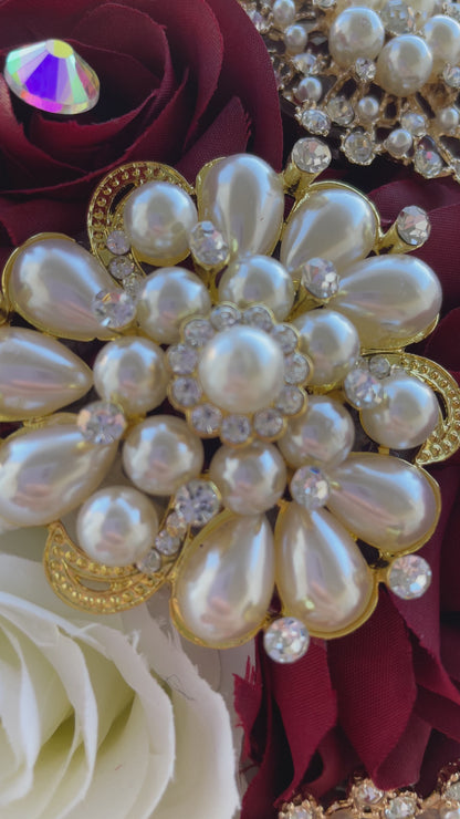 Burgundy, and Ivory with Gold Brooches and Pearls Bouquet. BURIV022 by MARINA’S CRAFT